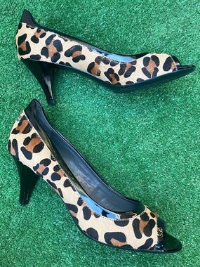 Calvin Klein Leopard Print Peep-Toe Kitten Heels with Black Patent Trim